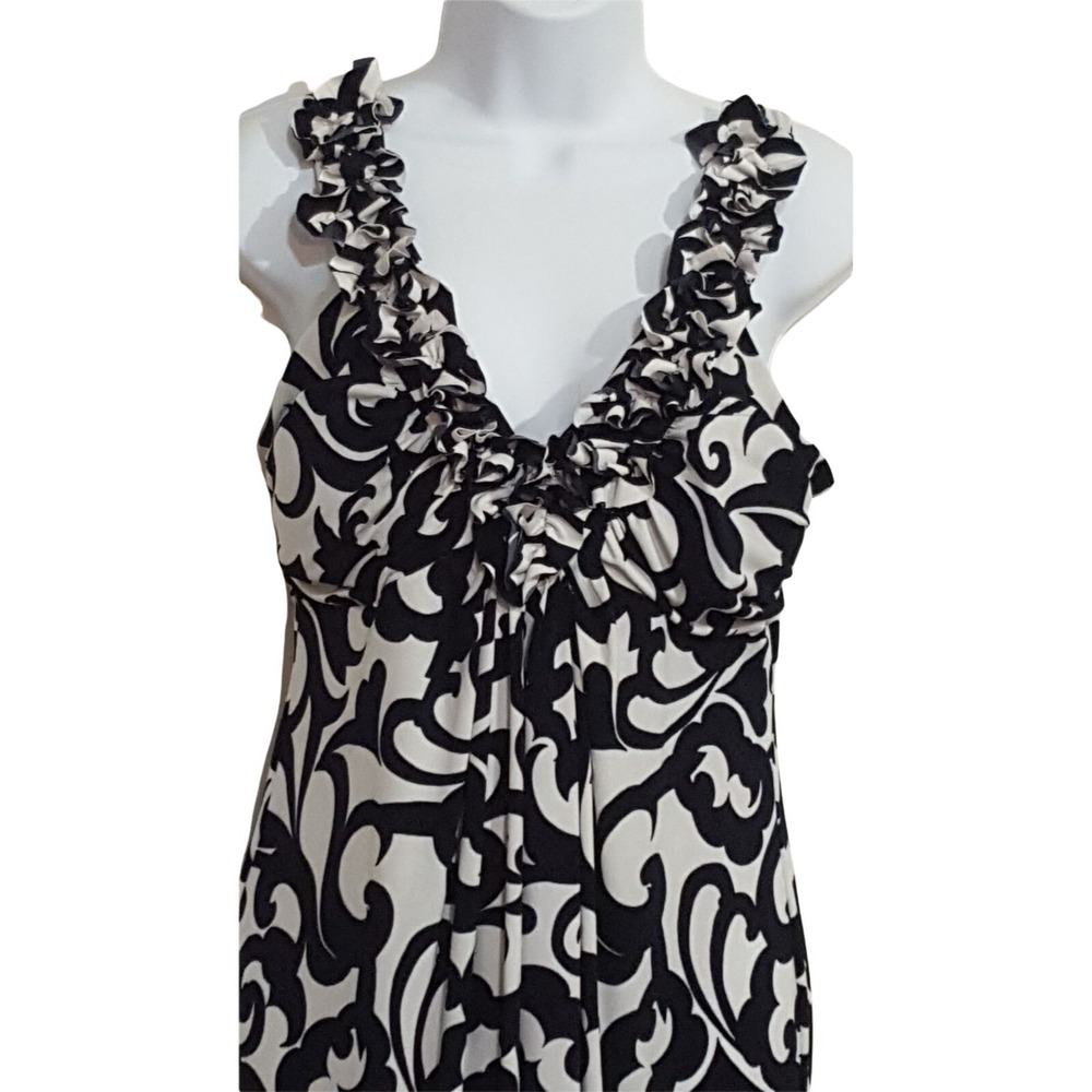 Sleeveless Dress Vintage 90s 12 Black Swirls Stretch Knit Bra Ruffle Neck